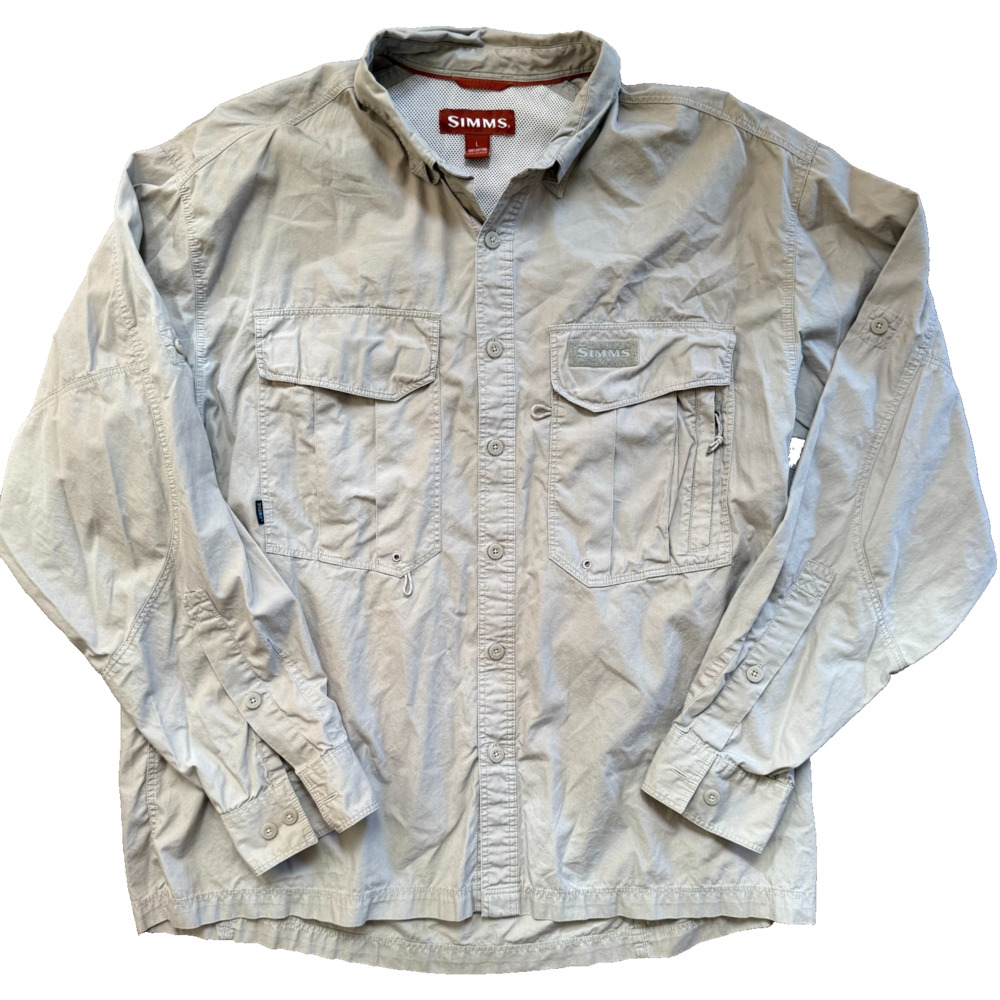 Vintage SIMMS Guide Series Fishing Shirt Mens L Khaki Vented Fly Fishing